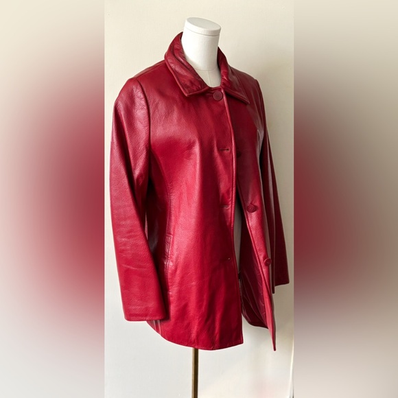 90s Vintage Cherry Red Leather Oversized Flattering Boxy Fit Button Front Jacket - Picture 9 of 16